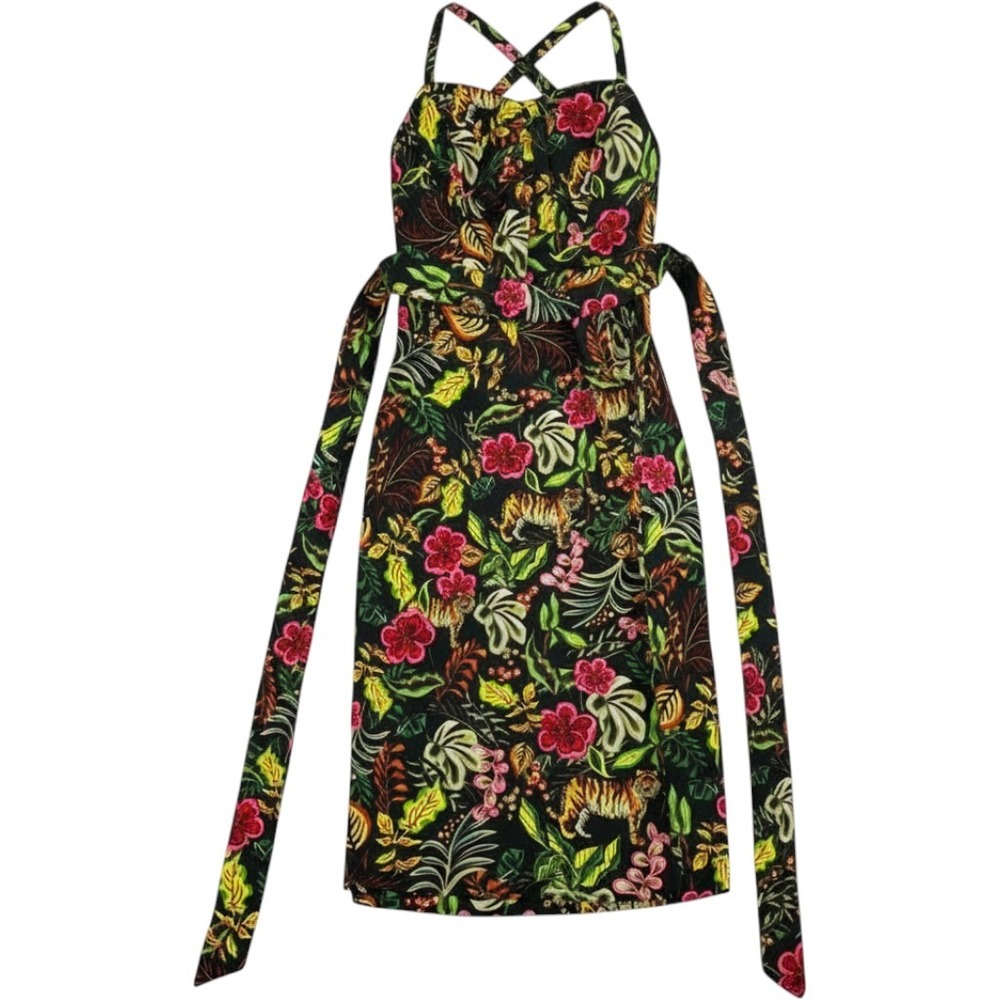 Unique Vintage Tiger Tropical Floral Sarong Midi Dress Black Multi Size S 4 NWT